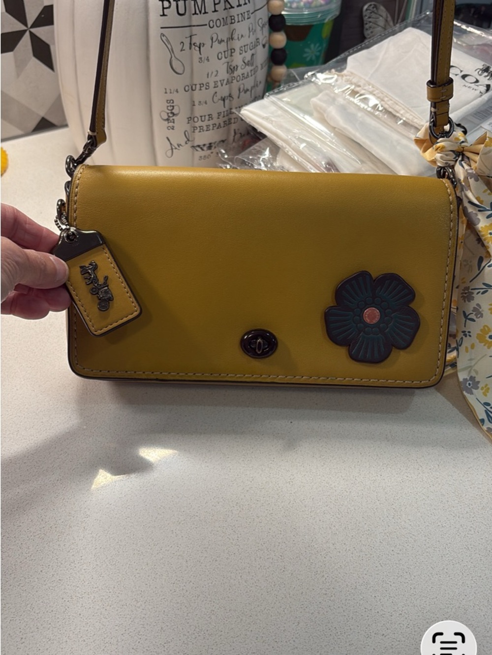 Coach Dinky w/ KISSLOCK 1941 in
Yellow Leather Crossbody with Floral.  Pristine